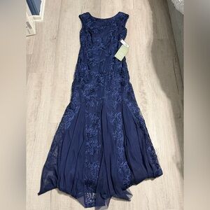 Onyx Nite Elegant Navy Blue Floral Lace Maxi Dress